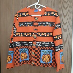 Sport Elle Halloween Jack O Lantern Candy Corn Sweater Large Scarecrow Buttons